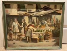 HODGKINSON ORIGINAL ART OIL PAINTING SIGN DATE PICTURE MARKET STALL GREENGROCER