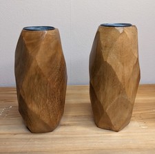 Vintage Wooden Candle Sticks Tea Light Holders Carved MCM 50s 60s Scandi Pair X2