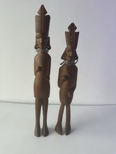 Vintage Wood Carved African Folk Tribal Male And Female Warrior Metal Necklace