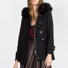 Zara Women's Black Coat with Faux Fur Hood size Small Used