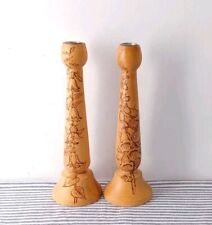 Lovely Pair Wooden Candlesticks Hand Engraved Wildflowers Foxglove Campanula 2