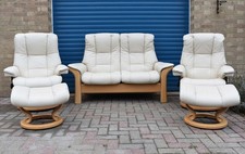 EKORNES STRESSLESS WINDSOR CREAM LEATHER RECLINER SOFA ARMCHAIRS FOOTSTOOLS