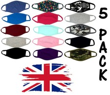 FACE MASK PACK OF 5 REUSABLE WASHABLE COTTON MASKS NOSE MOUTH PROTECTIVE SHIELD
