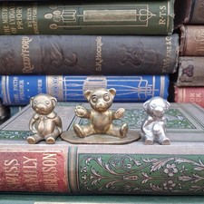 2 Vintage Miniature Brass and 1 Pewter Teddy Bears Seated Art Brass Company NY