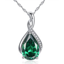 Sterling Silver Pear Simulated Emerald Necklace Pendant Jewelry Gift for Women