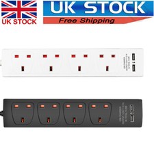 Extension Lead with 2 USB Cable Electric Plug Socket UK Mains Power 4 Gang Way