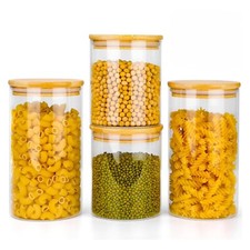 Neo Glass Storage Jars Canisters Set of 4 Clear High Food Airtight Bamboo Lids