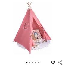 Kid's Tipi Tent, Natural Wooden Poles, Rug Included, Fairy Lights, Cotton Canvas