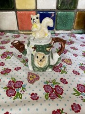Squirrel Small Porcelain Teapot White Brown Green Decorative  6.5" x 6.5"