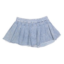 Womens Blue Cotton Blend Pleated Mini Skirt S Raw Edge Casual Trendy