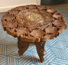 Antique Wooden Indian Table Fold Down Wood Circular Decorative Inlay Small