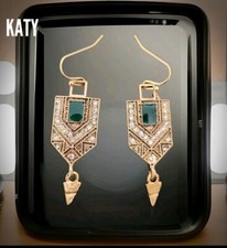 2.16 " Long Drop Earrings Green Resin Crystal Gold Tone Vintage Look Gift 