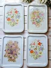 LAP SERVING TRAYs x2 White Floral Enamel Trays 1970s Shabby Chic You Choose  VGC