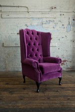 MODERN QUEEN ANNE PURPLE VELVET CHESTERFIELD WING ARMCHAIR, EXTRA HIGH BACK