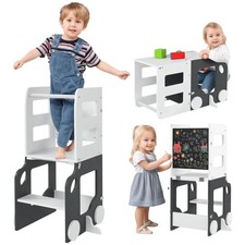 Toddler Step Stool 4 in 1 Standing Tower Foldable Toddler Step Safety Rail Grey