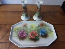 Vitage Dressing Table Set Tray & 2x Candlesticks Flowers Very Old but Undamaged