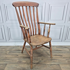 Antique 19th Century Windsor Armchair Elm Ash Country High Slat Lath Back Chair