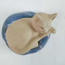 Handmade Ceramic Sleeping Cat Figurine Blue Base Pottery Ornament Gift UK