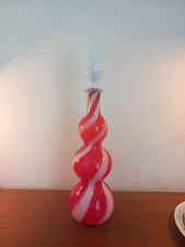 Vintage Red/ White Murano Alrose Stripped Genie Bottle  Art Glass Decanter MCM