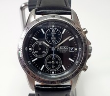 2011 Seiko 7T92-0DW0 Chronograph Watch Mens Black Dial Quartz XL Leather Strap