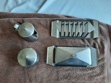 VINTAGE 4 PIECE TUDOR KNIGHT STAINLESS STEEL BUTTER DISH TOAST RACK SUGAR CREAM