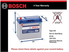 Car Battery S4022 Bosch 043 330A 45Ah 4Yr Warranty 238x129x227