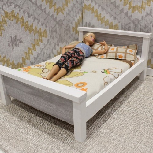 Barbie doll bed grey wood - barbie,