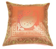Indian 16x16" Rust Banarasi Silk Cushion Cover Featuring Zari Brocade Paisley