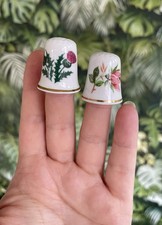 Scottish thistle & pink flower thimble. Bone China. VGC
