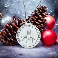 Rude Merry Flippin’ Christmas Tree Ornament – Wooden Middle Finger Xmas Decor