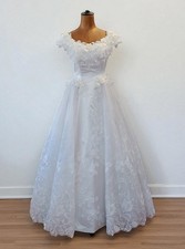 Vintage 90s Wedding Dress Princess Cinderella Elegant 3D Flowers White - UK 8