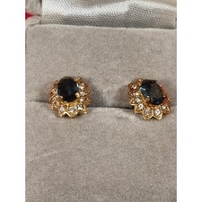 The Attwood Collection Oval Blue Sapphire Earrings W/ CZ Halo Yellow Gold Plate