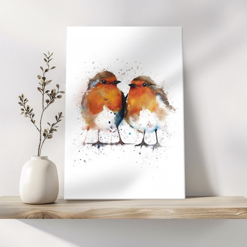 Two robins watercolour - watercolour, wall