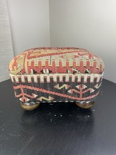 VTG Handwoven Kilim Upholstered Ottoman Foot Stool Rest Wood Legs Boho Native