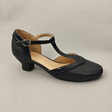 Hotter  T Bar Shoes Womens Size 5.5 Navy Leather Mary Jane Heels Dance Smart