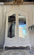 Beautiful White Distressed French Armoire Wardrobe Linen Cupboard Mirrored Doors