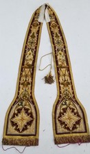 Antique French Needlepoint Metallic Tassels Liturgical Priest Stole 236x26cms