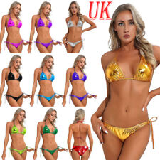 UK Women Shiny Metallic Bikini Sets Lace-up Halter Neck Bra G-Strings Swimwear