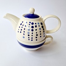 Tea for One Set Teapot and Cup Hand Made Gift Co Blue & White, Dots and Stripes