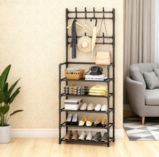 Coat and Hat Stand 8 Hooks Metal Storage Shoe Rack 5-Tiers Shelf Hanger Black