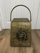 Vintage Brass Firebox Coal Scuttle Logs Fireside Storage Brass Wood Embossed