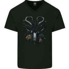 A Gothic Goat Skull With Flowers Goth Roses Mens V-Neck Cotton T-Shirt