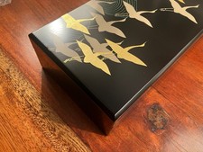 Japanese Zohiko Black Lacquerware Fumibako | Gold Maki-e Crane & Waves | New