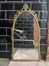 VINTAGE FLORAL DECOR FRAME 67cm x 36cm GOTHIC ARCH GILT METAL WALL MIRROR