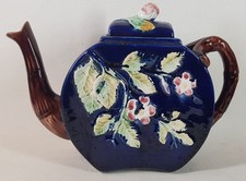 Antique Victorian Aesthetic Floral Majolica Cobalt Blue Teapot - Joseph Roth?