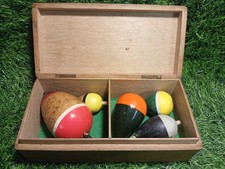 A Collection Of Five Vintage Pike/Sea Fishing Floats/Bungs In An Old Wooden Box