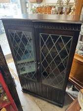 Good Looking Vintage Elm Double Door Bookcase With Linenfold Panels