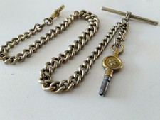Vintage Pocket Watch Chain T-Bar Dog Clip Key Curb Link  Silver Plated Albert