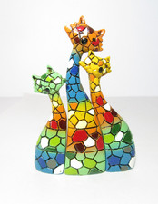 VINTAGE MULTICOLOUR MOSAIC 3 ART CATS FIGURINE FELINE ORNAMENT 4" INTERLOCKING