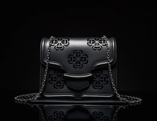 Authentic Alexander McQueen Black Leather Laser Cut Heroine Shoulder Bag Mid Siz